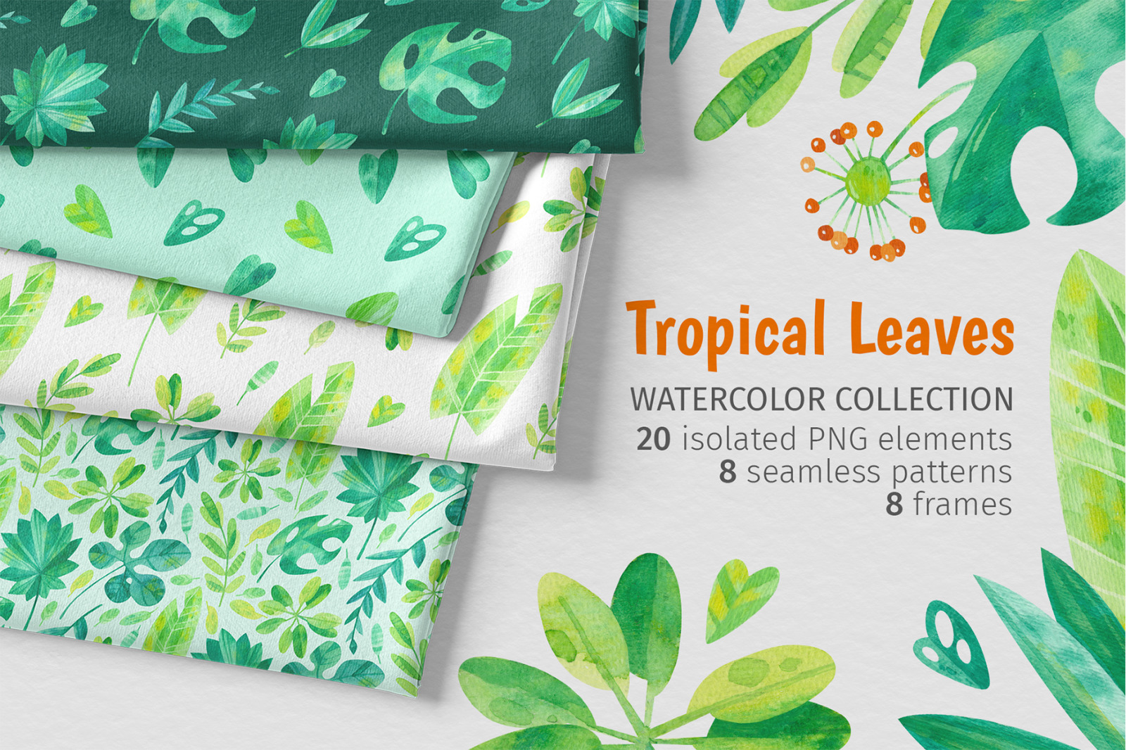 Tropical leaves. Watercolor set - clipart, patterns, frames