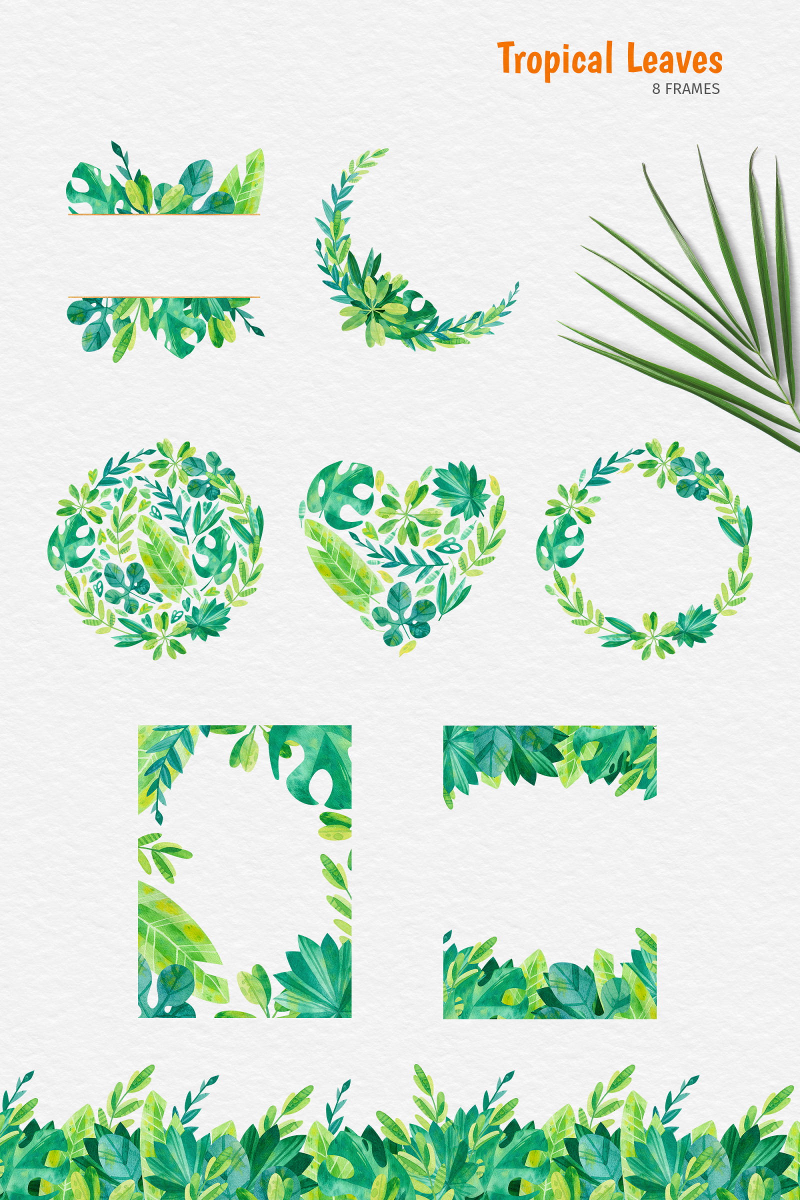 Tropical leaves. Watercolor set - clipart, patterns, frames