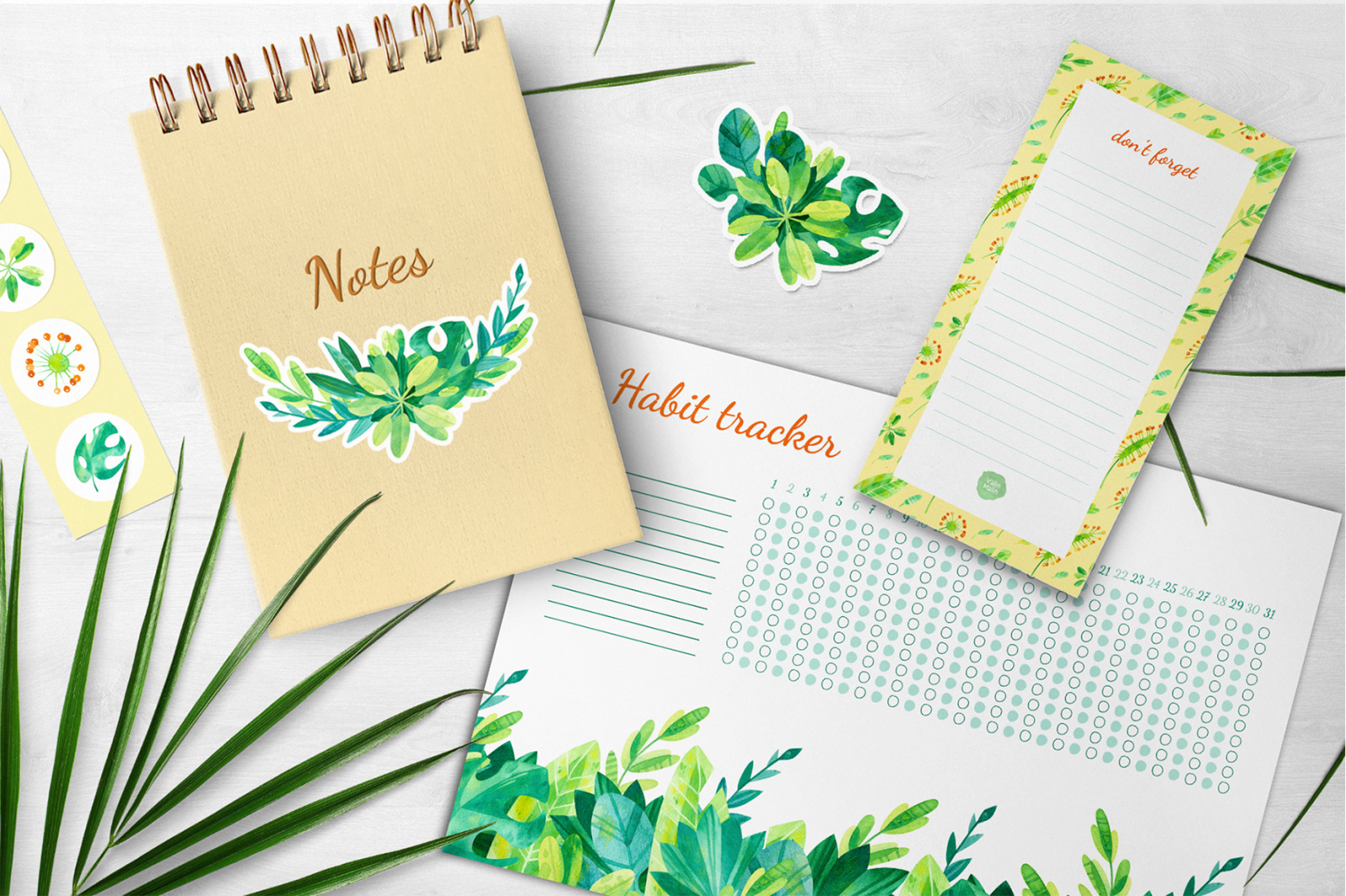 Tropical leaves. Watercolor set - clipart, patterns, frames