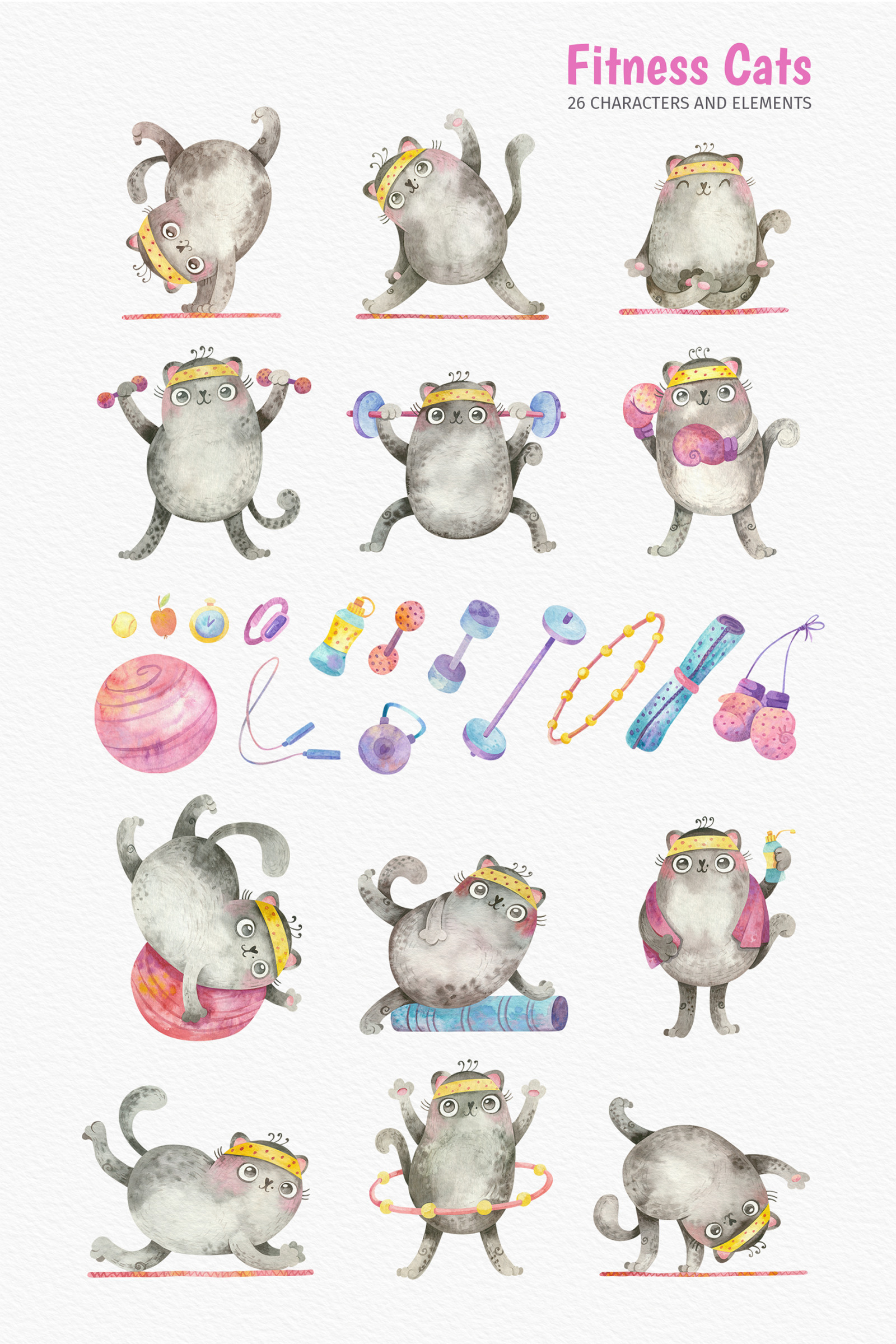 Watercolor fitness and yoga clipart, seamless patterns with cute cats