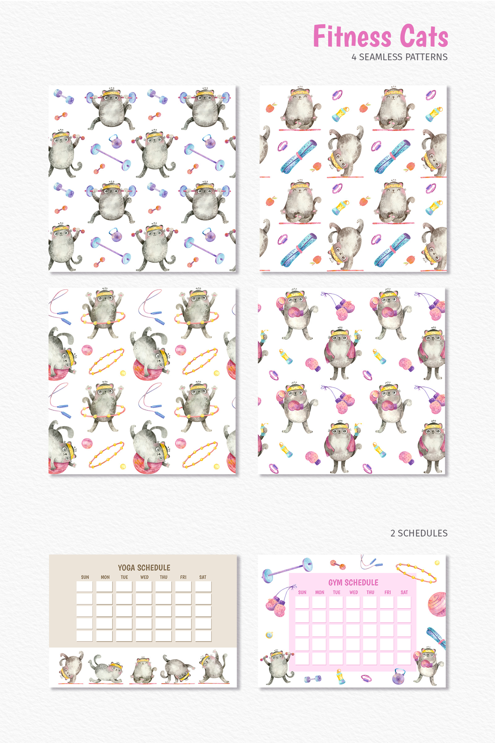 Watercolor fitness and yoga clipart, seamless patterns with cute cats