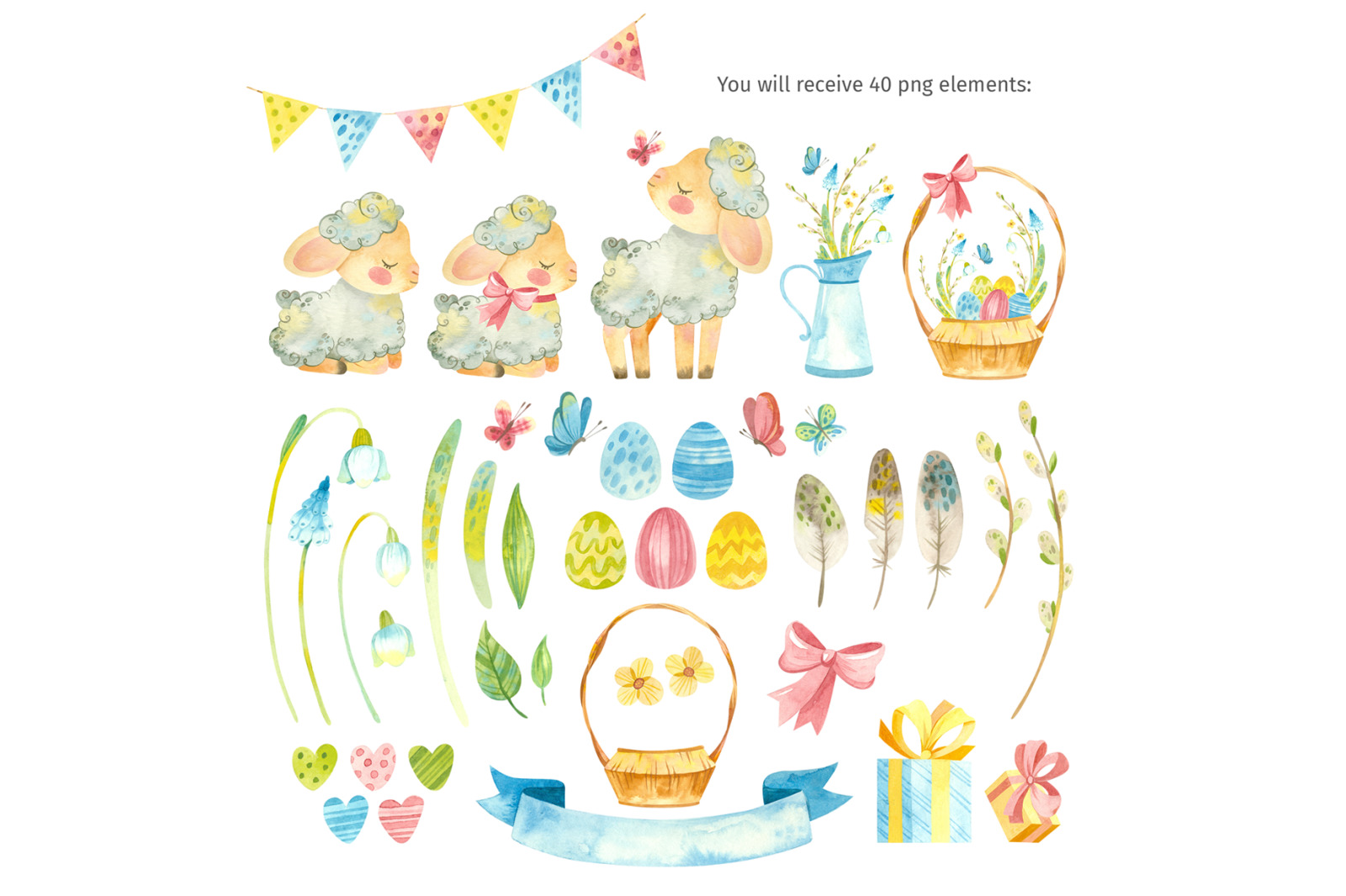 Easter lamb watercolor clipart with spring floral wreaths, Easter eggs