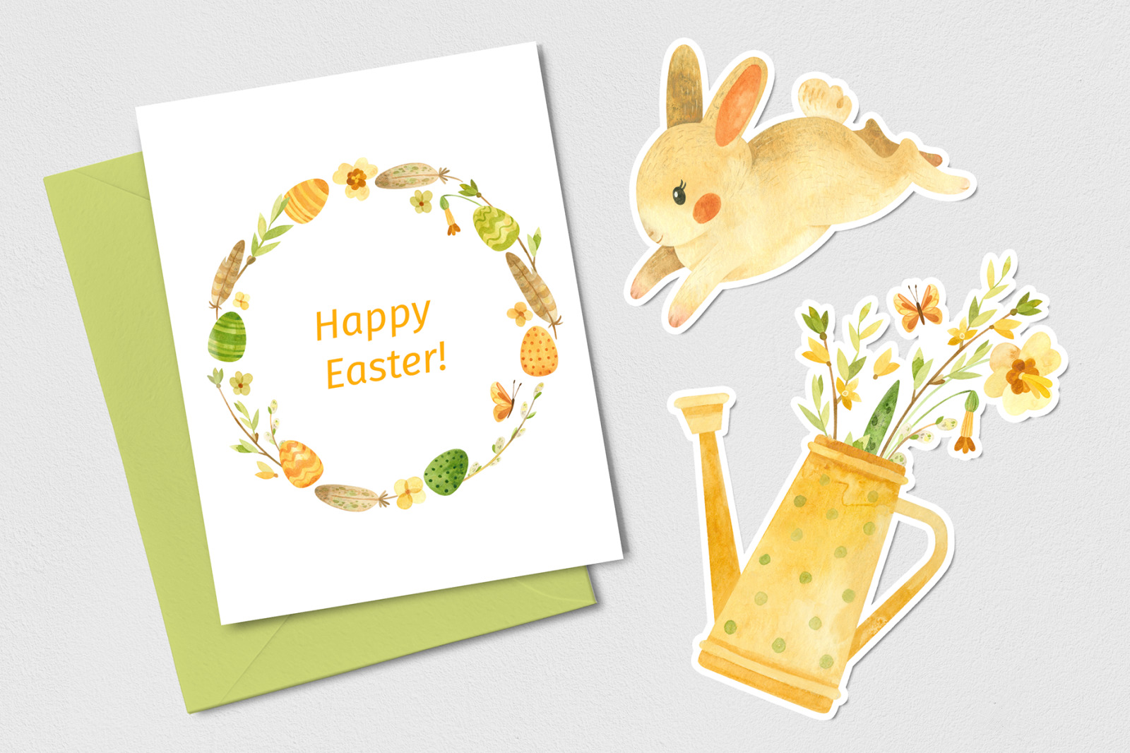 Watercolor clipart with Easter bunny, eggs, spring flowers