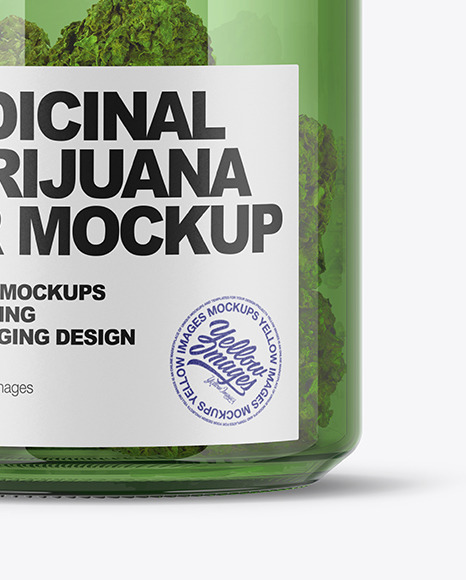 Green Glass Jar w/ Weed Buds Mockup