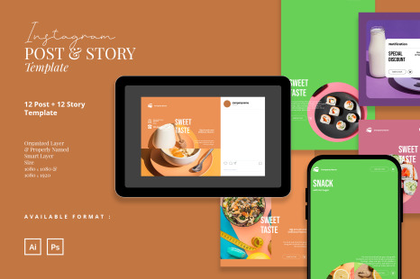 Stylist Colorful Food Instagram Post and Story Template - Desserts