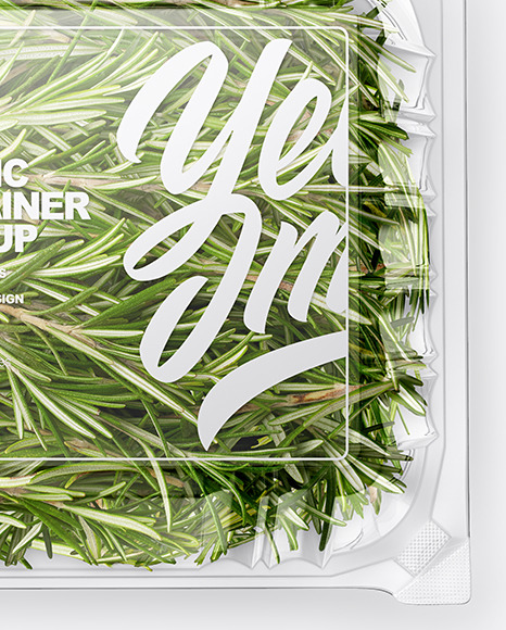 Transparent Plastic Container with Green Rosemary Leaves Mockup - Top View