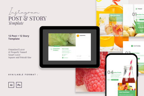 Fresh Food Beverage Instagram Post and Story Template - Healthy drinks