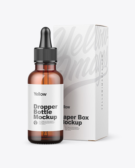Amber Glass Dropper Bottle w/ Paper Box Mockup Amber Glass Dropper Bottle w/ Paper Box Mockup