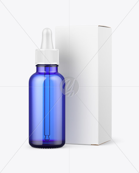 Blue Glass Dropper Bottle w/ Paper Box Mockup