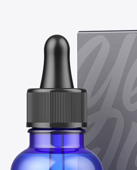 Blue Glass Dropper Bottle w/ Paper Box Mockup