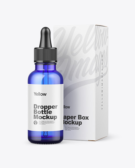 Blue Glass Dropper Bottle w/ Paper Box Mockup