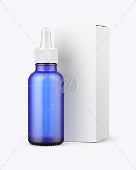 Frosted Blue Glass Dropper Bottle w/ Paper Box Mockup