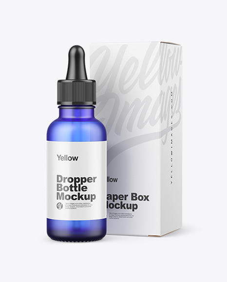 Frosted Blue Glass Dropper Bottle w/ Paper Box Mockup