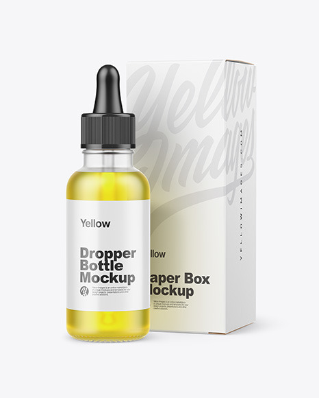 Frosted Glass Dropper Oil Bottle w/ Paper Box Mockup