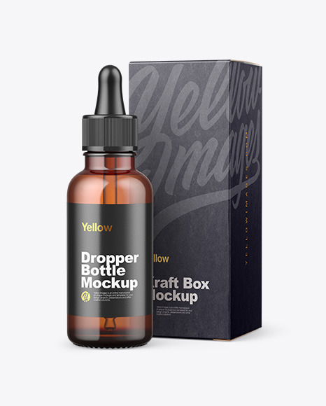 Amber Glass Dropper Bottle w/ Kraft Box Mockup