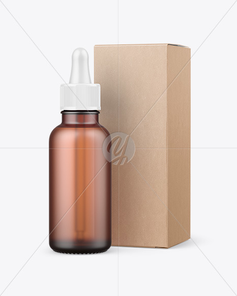 Frosted Amber Glass Dropper Bottle w/ Kraft Box Mockup