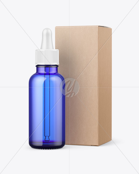 Blue Glass Dropper Bottle w/ Kraft Box Mockup