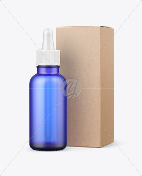 Frosted Blue Glass Dropper Bottle w/ Kraft Box Mockup