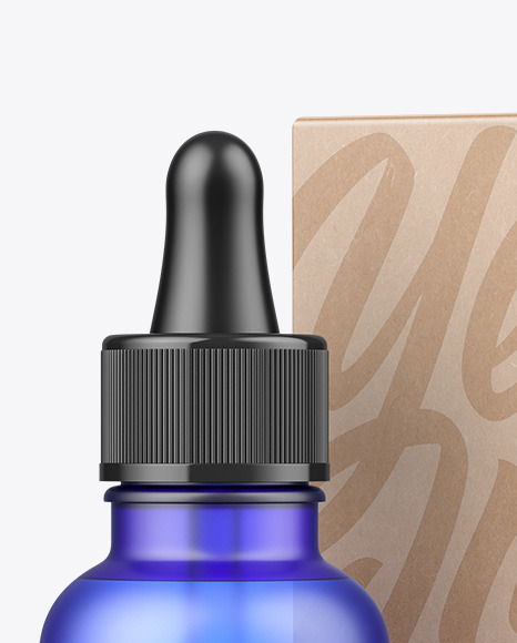 Frosted Blue Glass Dropper Bottle w/ Kraft Box Mockup