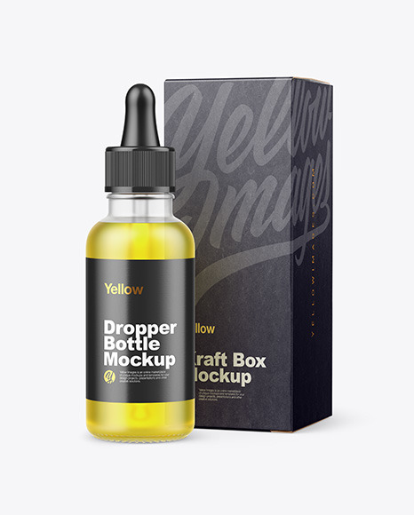 Frosted Glass Dropper Oil Bottle w/ Kraft Box Mockup