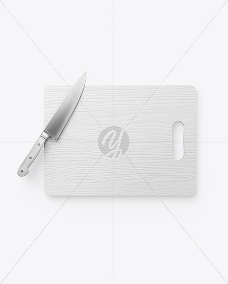 Wooden Cutting Board w/ Metallic Knife Mockup