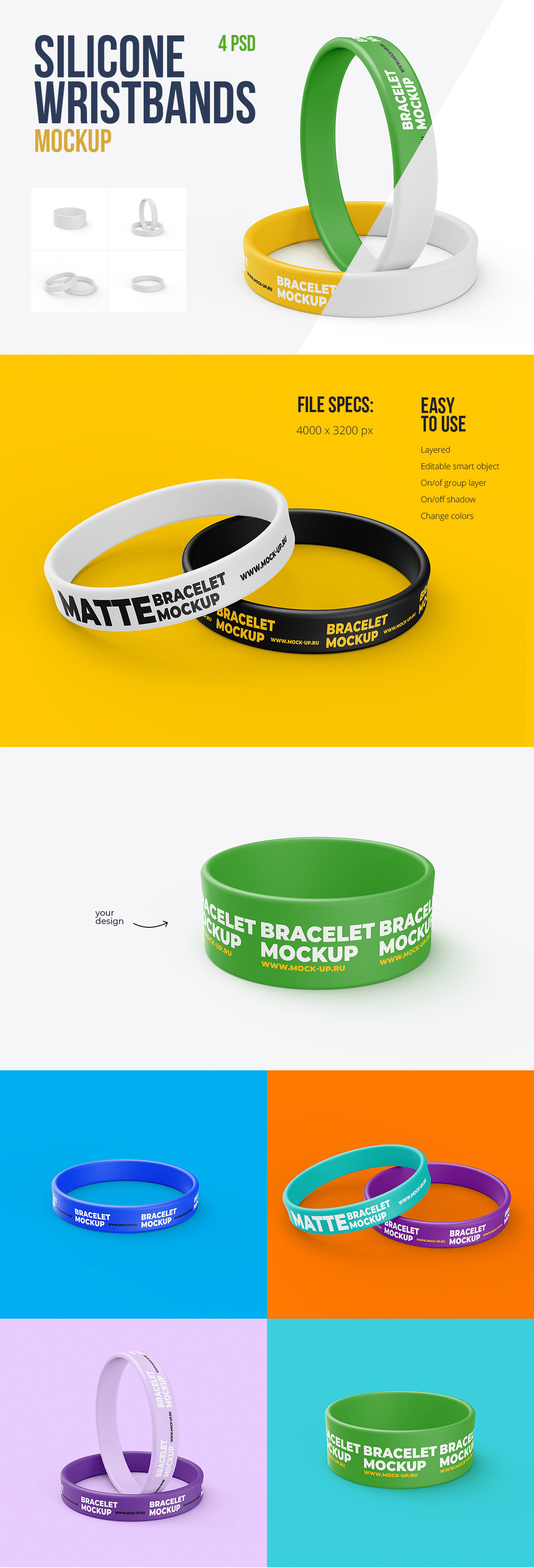 Silicone Wristbands Mockup. 4 PSD