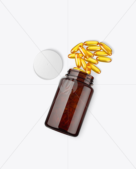 Amber Plastic Bottle w/ Omega Capsules Mockup