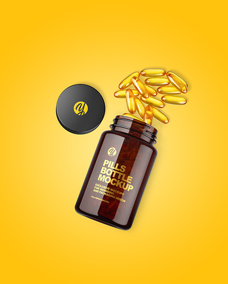 Amber Plastic Bottle w/ Omega Capsules Mockup