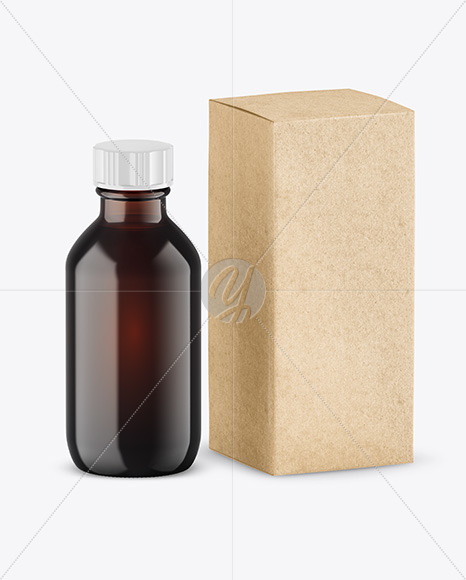 Dark Amber Glass Bottle w/ Kraft Box Mockup