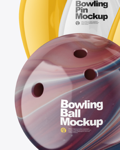 Glossy Bowling Pins w/ Bowling Ball Mockup