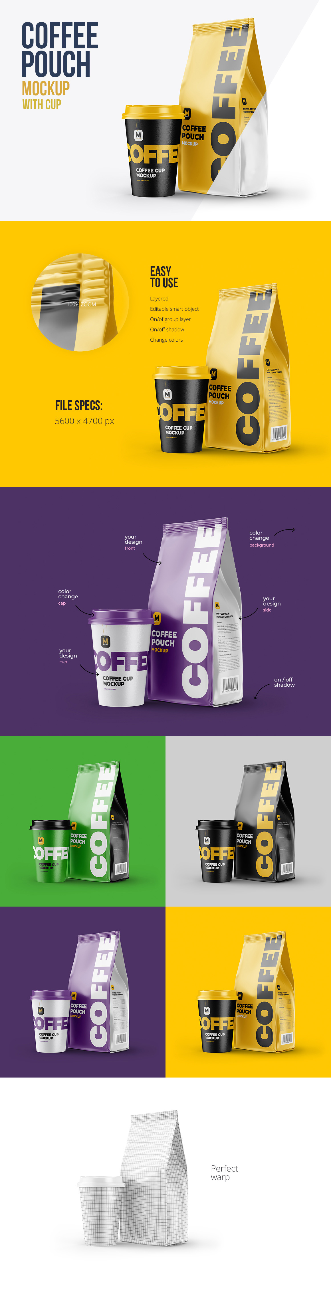 Coffee Pouch &amp; Cup Mockup. Half Side view