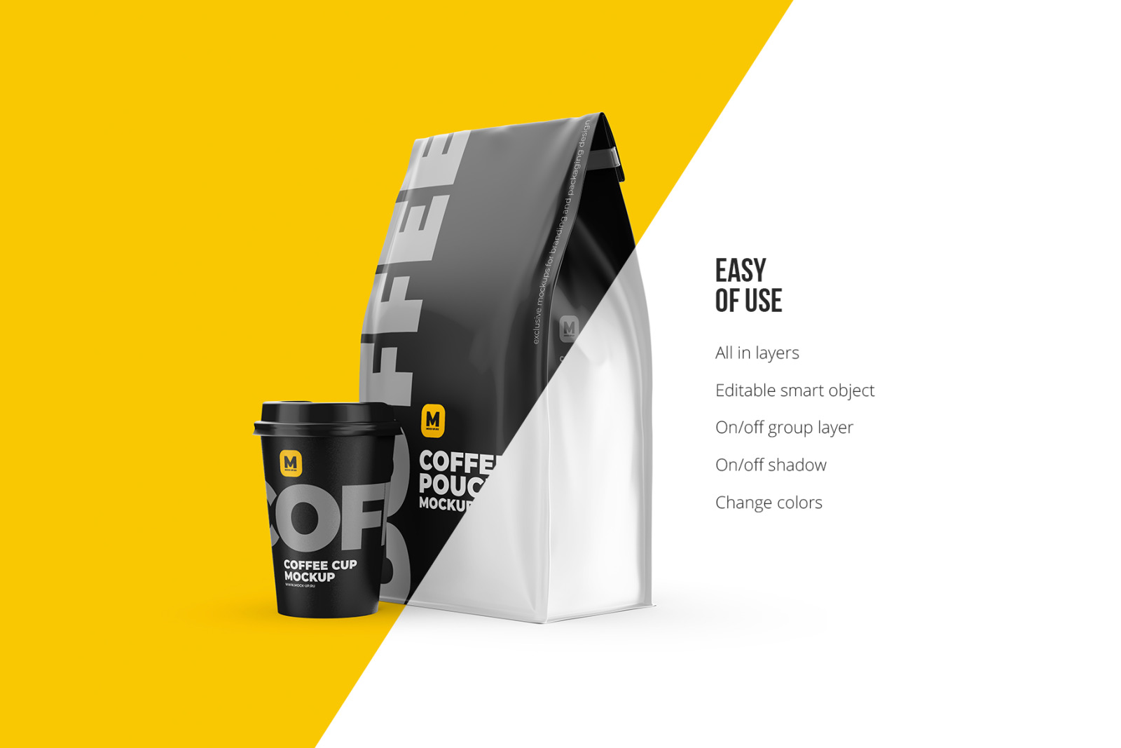 Coffee Pouch Mockup with Cup Coffee Pouch Mockup with Cup