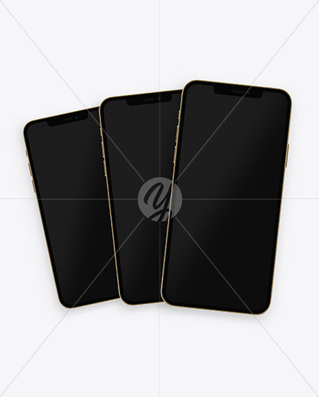 Three Apple iPhones 12 Pro Max Gold Mockup