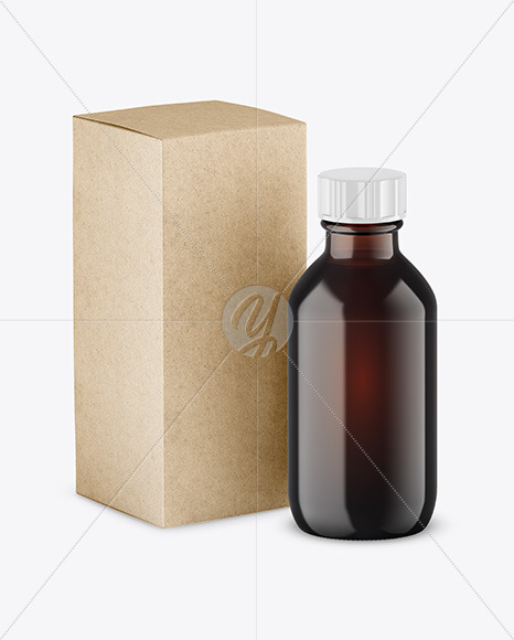 Dark Amber Glass Bottle w/ Kraft Box Mockup