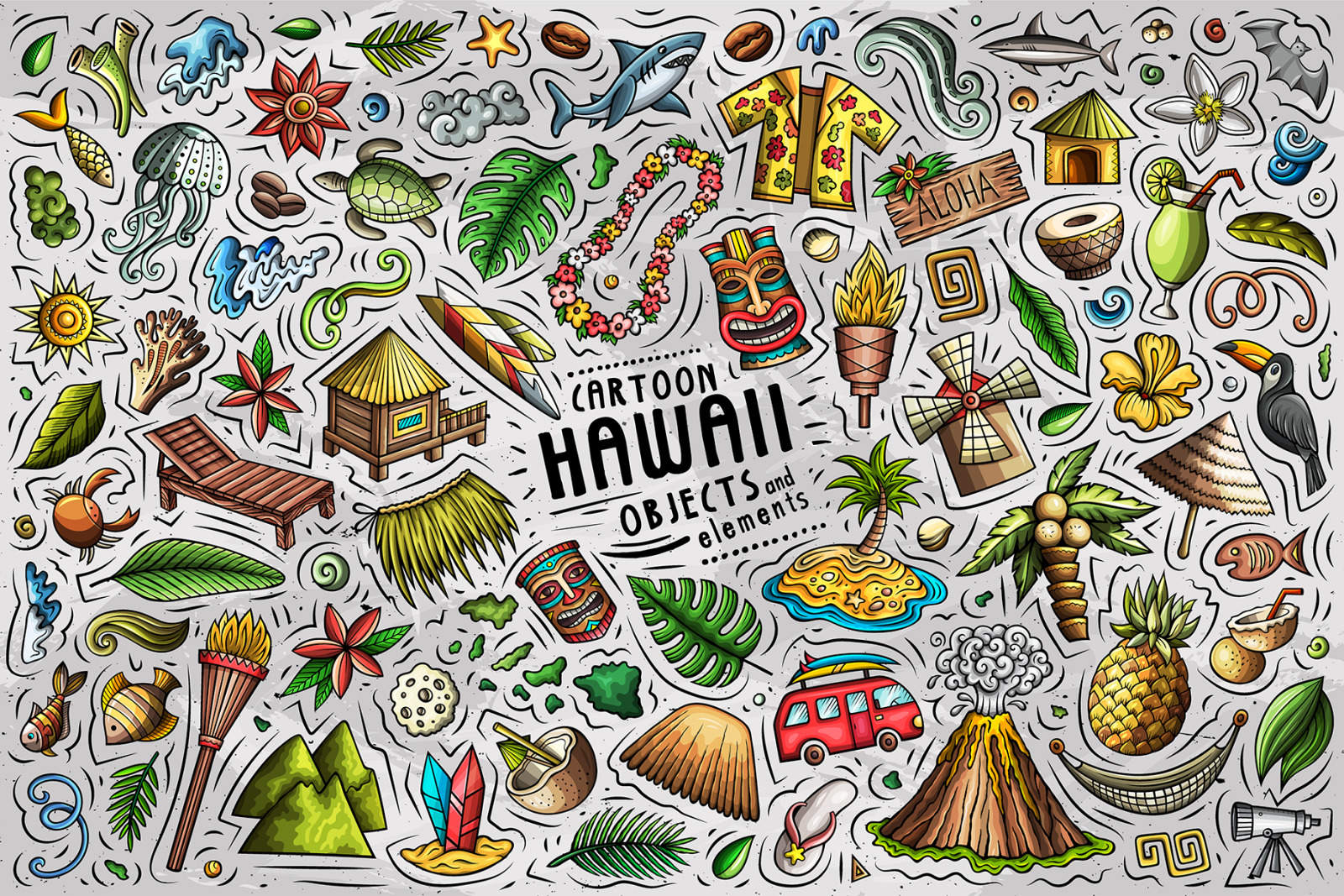 Hawaii Cartoon Objects Set