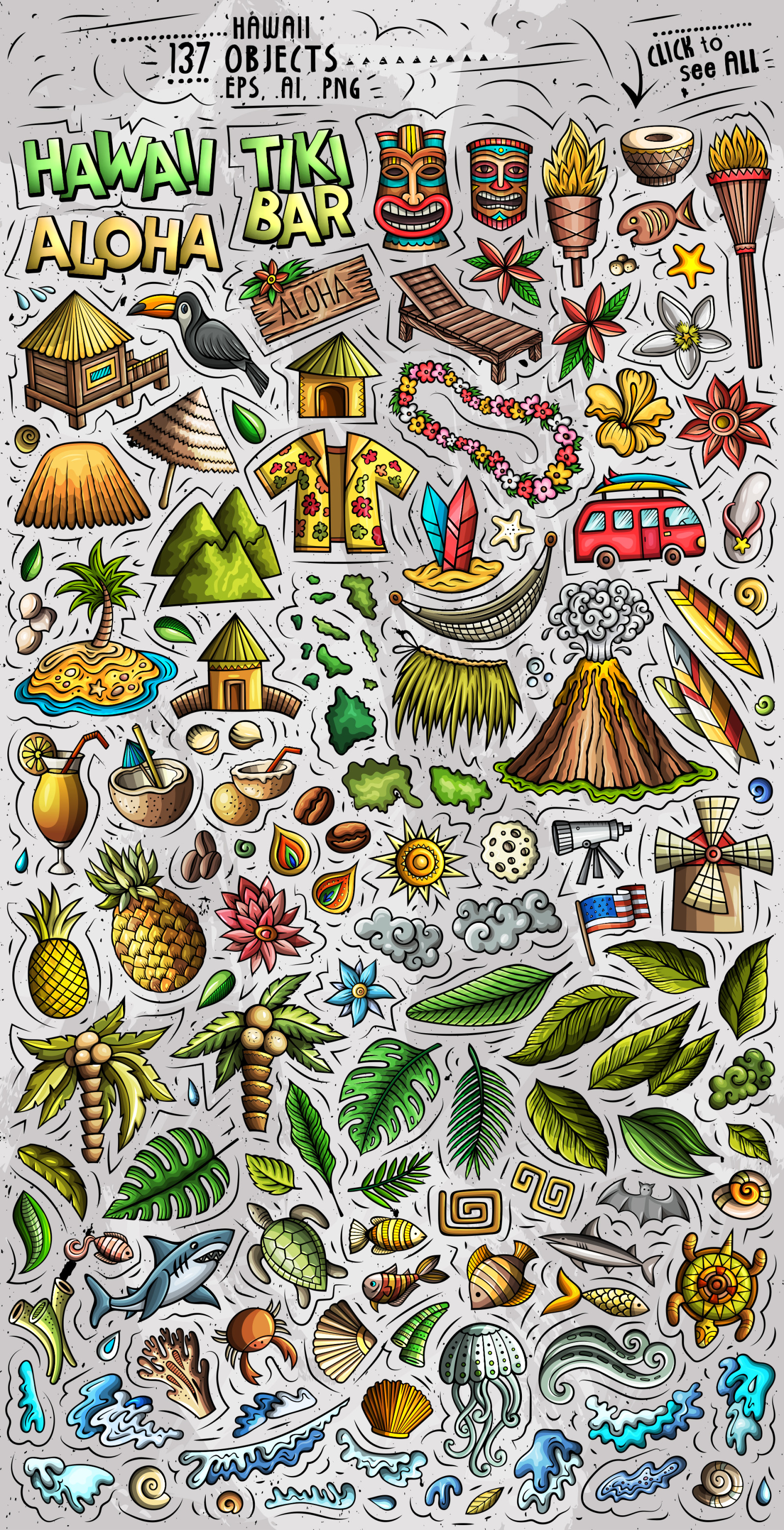 Hawaii Cartoon Objects Set