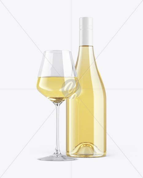 Clear White Wine Bottle With Glass Mockup