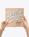 Hands with Mini Kraft PIzza Box Mockup