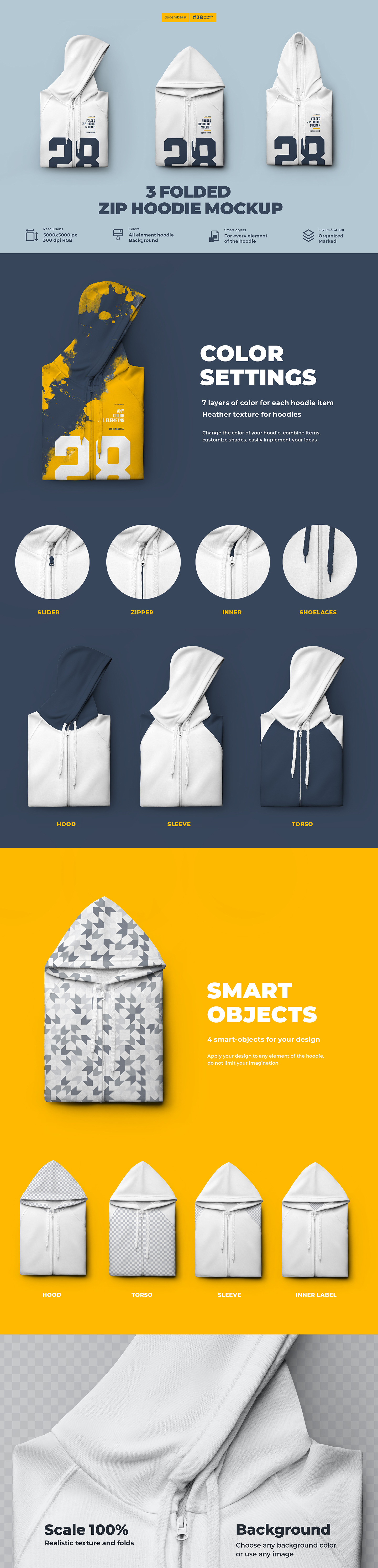 3 Folded Zip Hoodie Mockup