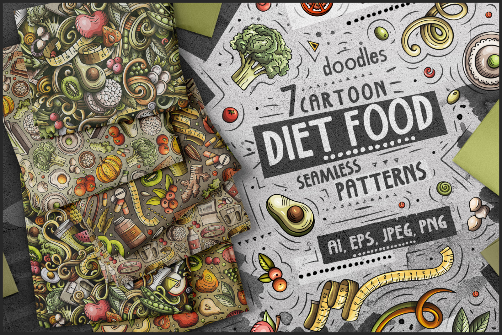 Diet Food Cartoon Seamless Patterns