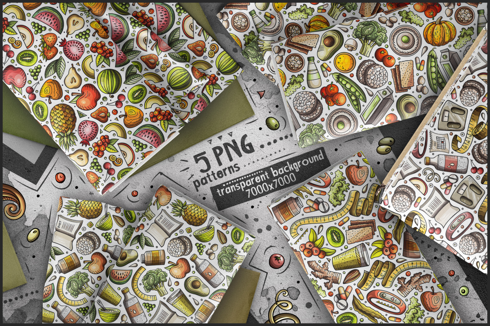 Diet Food Cartoon Seamless Patterns Diet Food Cartoon Seamless Patterns