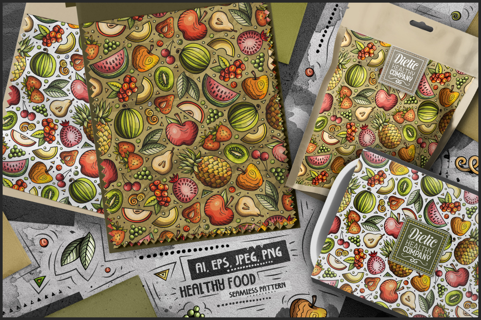 Diet Food Cartoon Seamless Patterns