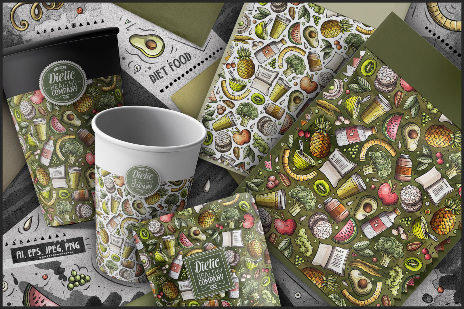 Diet Food Cartoon Seamless Patterns Diet Food Cartoon Seamless Patterns