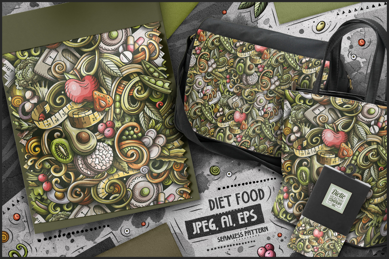 Diet Food Cartoon Seamless Patterns