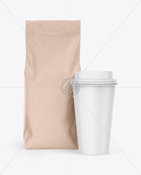 Kraft Coffee Bag with Cup Mockup - Front View