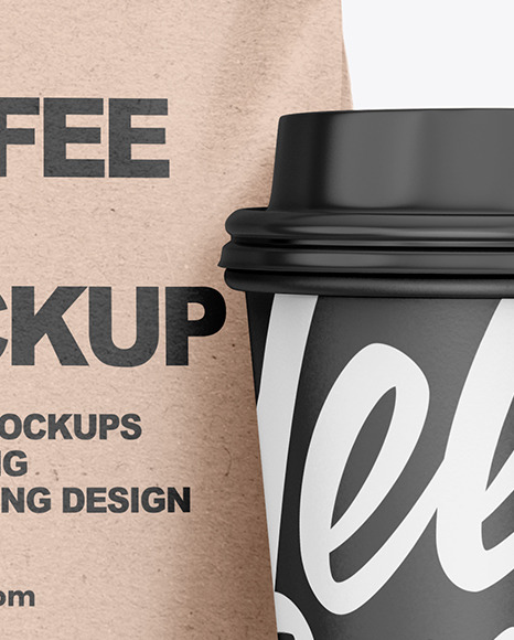 Kraft Coffee Bag with Cup Mockup - Front View