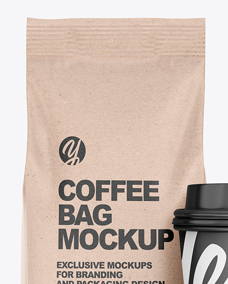 Kraft Coffee Bag with Cup Mockup - Front View