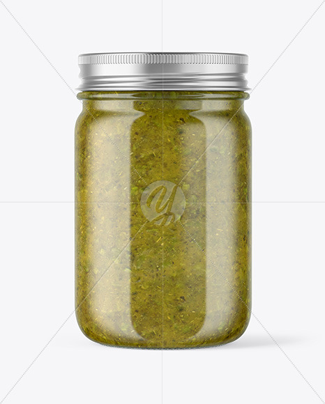 Clear Glass Jar with Spicy Herbs Sauce Mockup