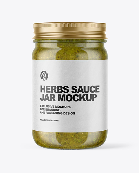 Clear Glass Jar with Spicy Herbs Sauce Mockup