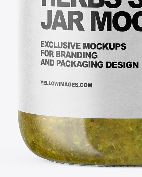 Clear Glass Jar with Spicy Herbs Sauce Mockup